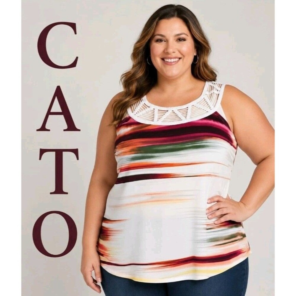 CATO Womens 22/24W Crochet Yoke Abstract Stripes Multicolor Causal Tank Top